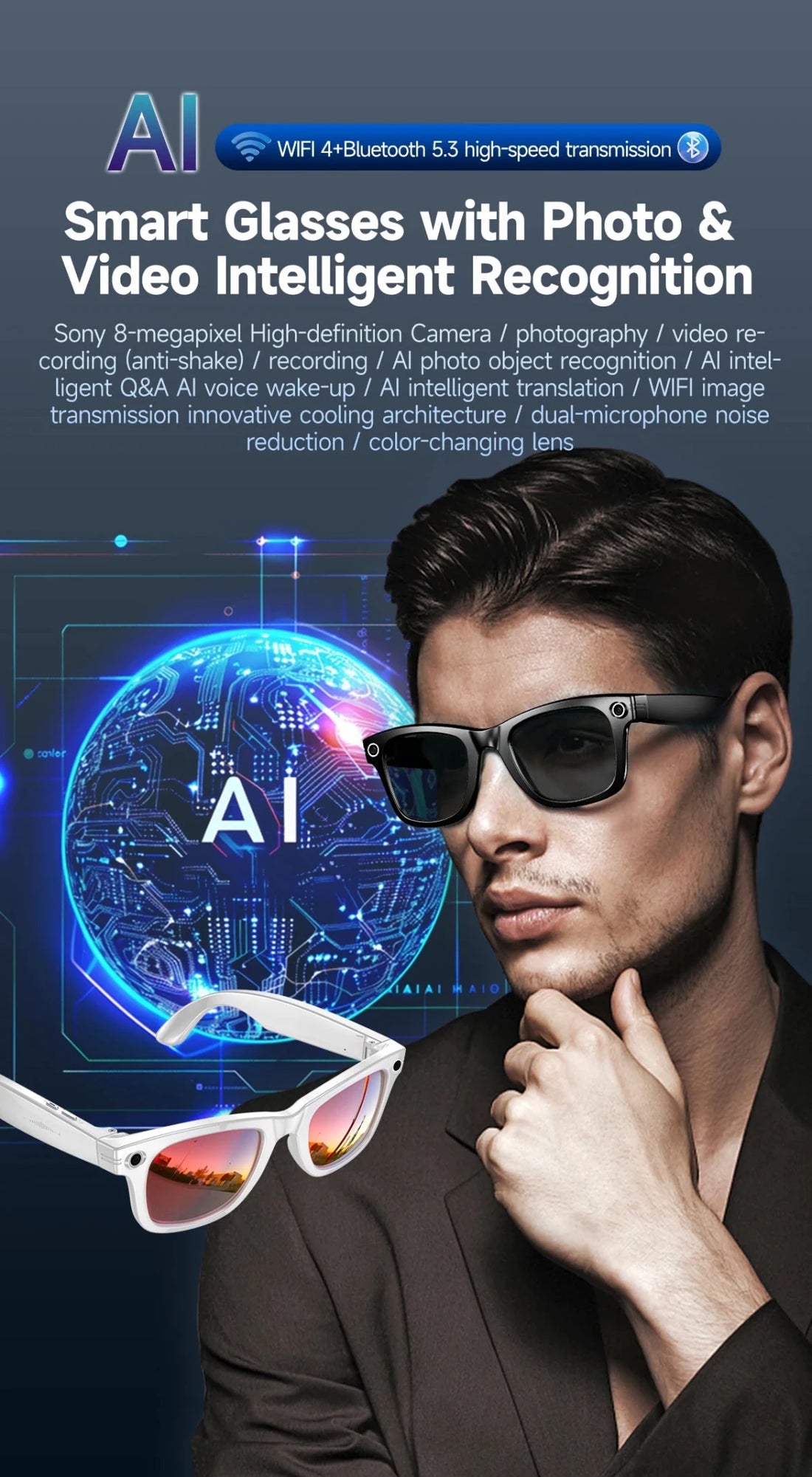 800W Camera AI Glasses Men Color-Changing Smart Translation Glasses smart Sunglasses - Maxwell shop
