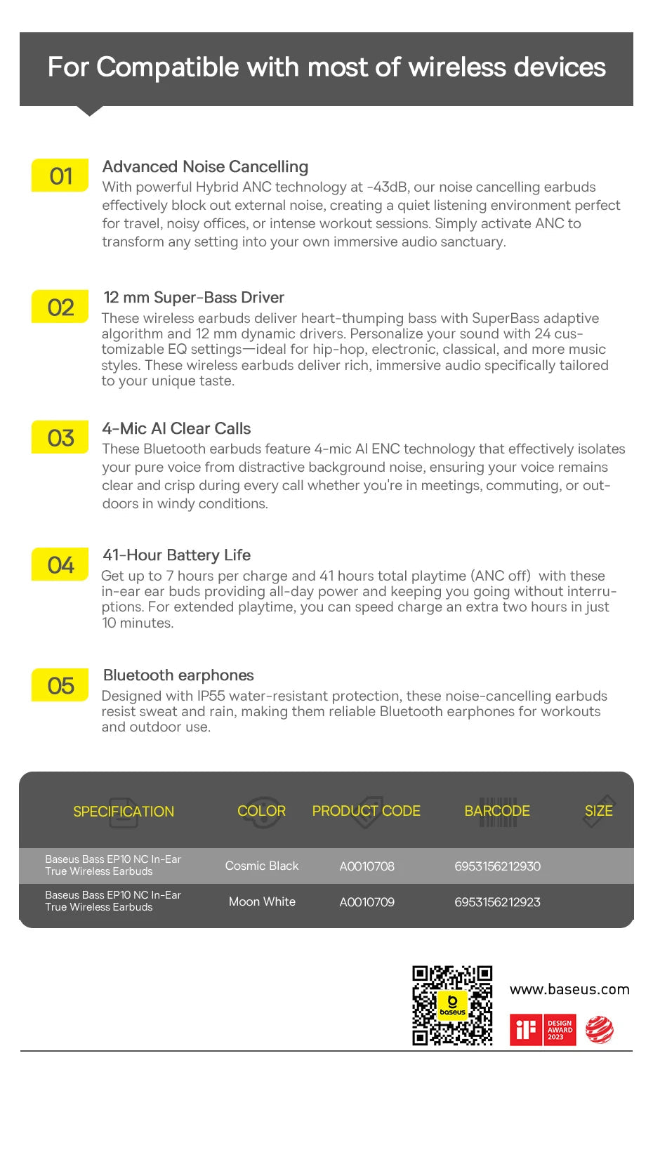 Baseus Bass EP10 NC -43dB Noise Cancelling ANC True Wireless Earbuds Bluetooth 6.0 - Maxwell shop