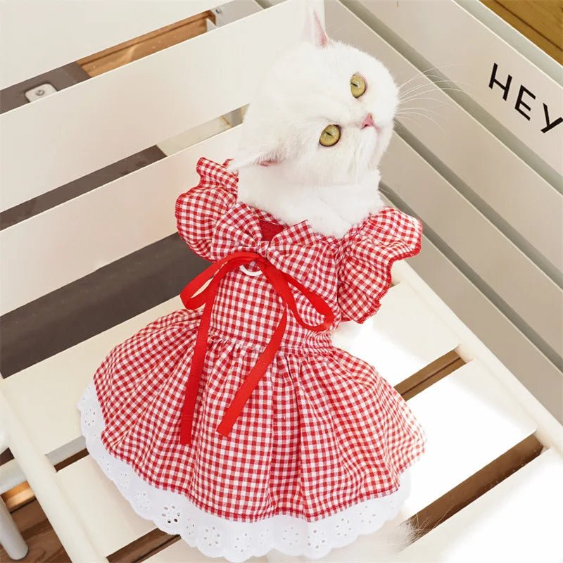 Cute Puppy Summer Plaid Outfit Dog Princess Dress Print Pet Skirt with Flying Sleeves - Maxwell shop