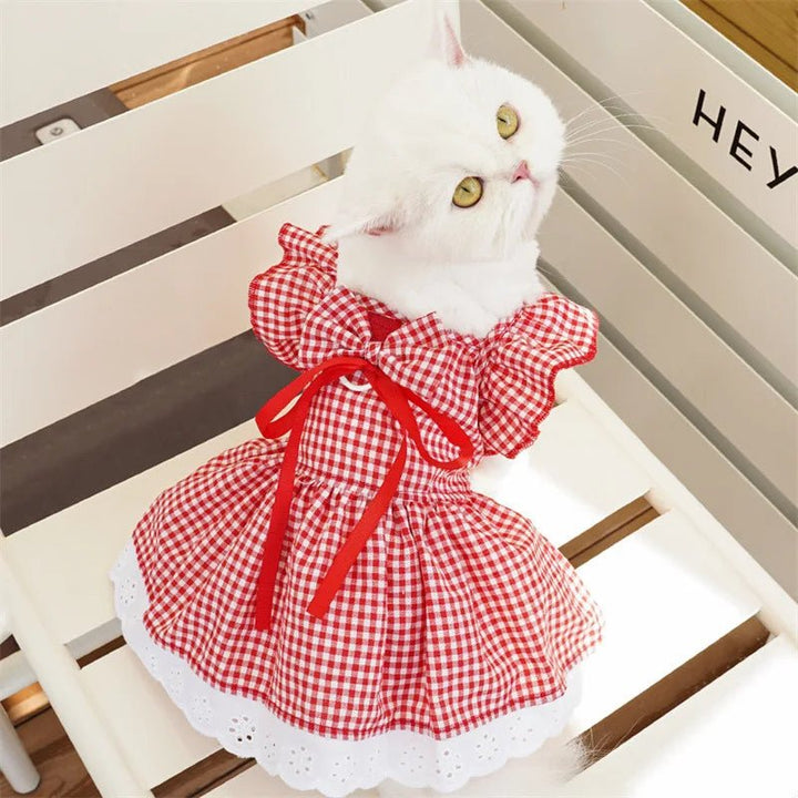 Cute Puppy Summer Plaid Outfit Dog Princess Dress Print Pet Skirt with Flying Sleeves - Maxwell shop
