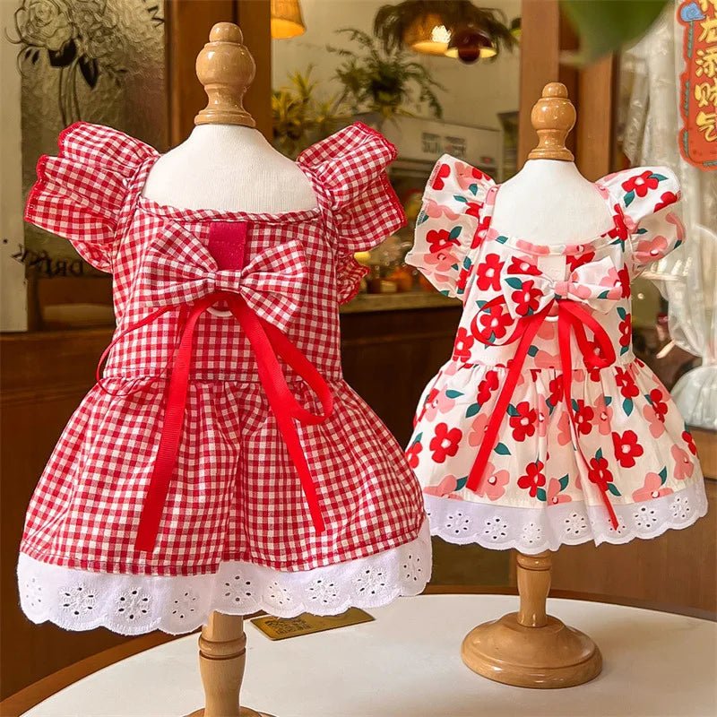 Cute Puppy Summer Plaid Outfit Dog Princess Dress Print Pet Skirt with Flying Sleeves - Maxwell shop