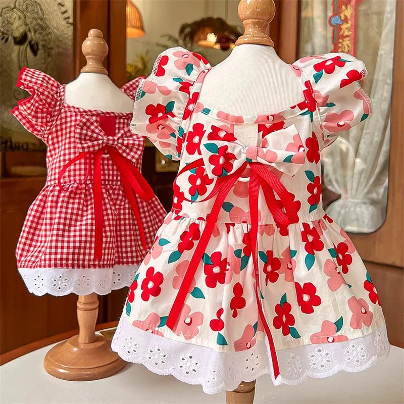 Cute Puppy Summer Plaid Outfit Dog Princess Dress Print Pet Skirt with Flying Sleeves - Maxwell shop