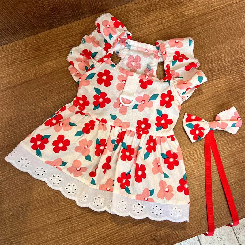 Cute Puppy Summer Plaid Outfit Dog Princess Dress Print Pet Skirt with Flying Sleeves - Maxwell shop