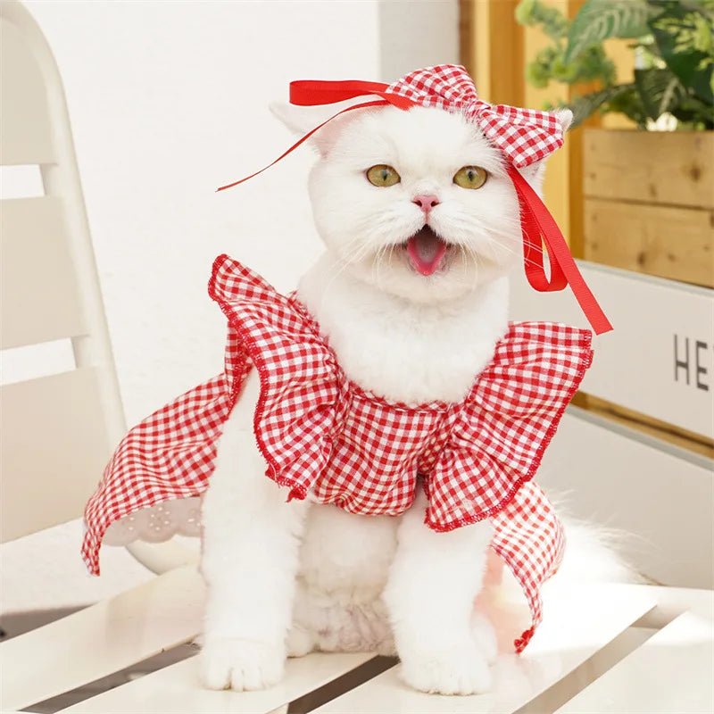 Cute Puppy Summer Plaid Outfit Dog Princess Dress Print Pet Skirt with Flying Sleeves - Maxwell shop