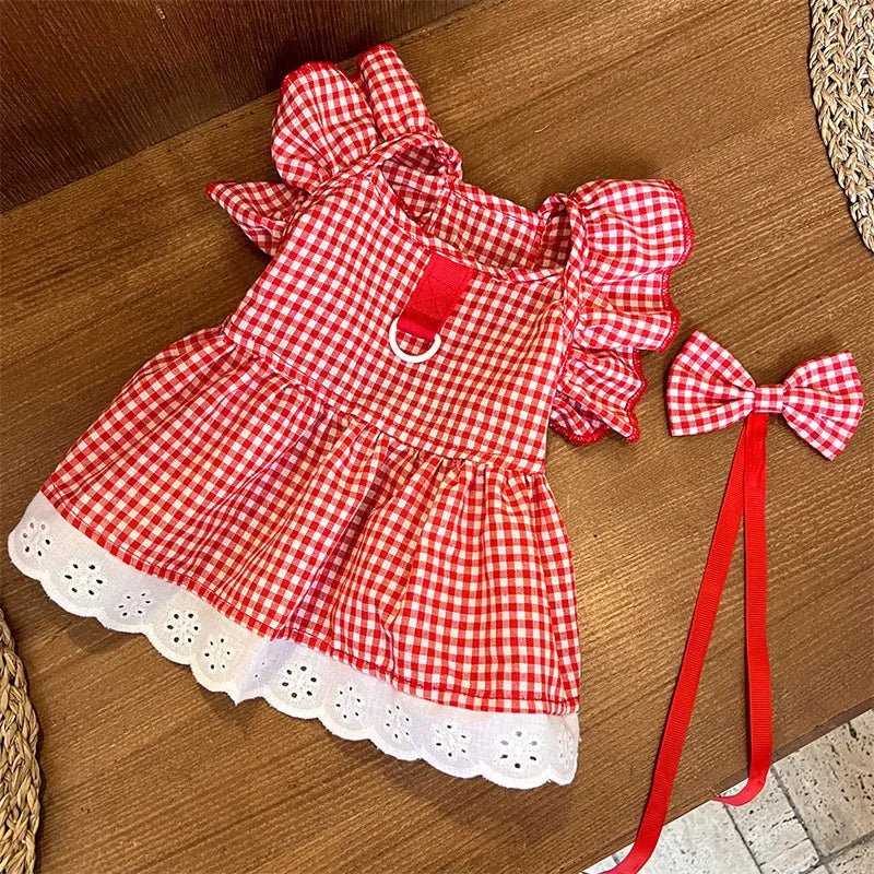 Cute Puppy Summer Plaid Outfit Dog Princess Dress Print Pet Skirt with Flying Sleeves - Maxwell shop