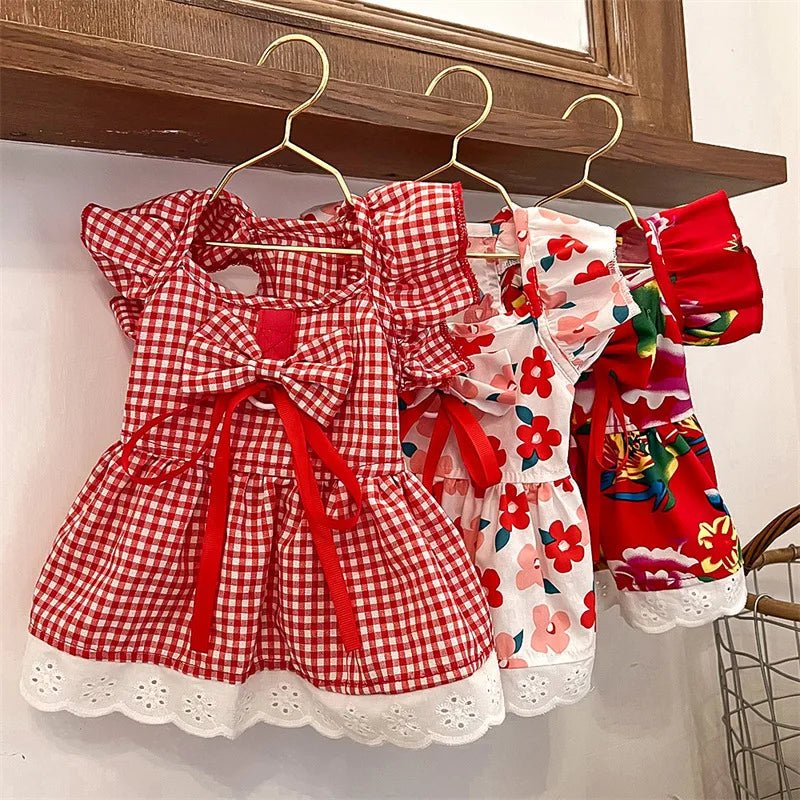 Cute Puppy Summer Plaid Outfit Dog Princess Dress Print Pet Skirt with Flying Sleeves - Maxwell shop