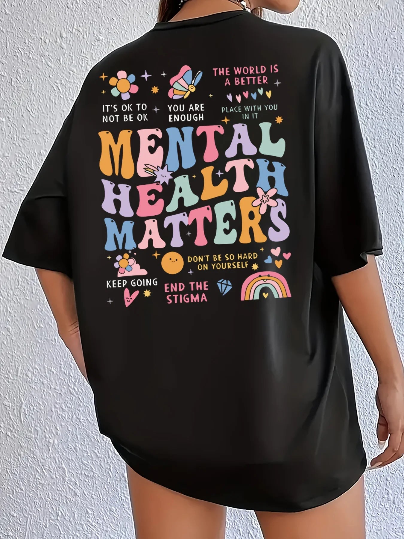 Mental Health Matters Women's Tee - Positive Graphic, Casual Black Oversized Top - Maxwell shop