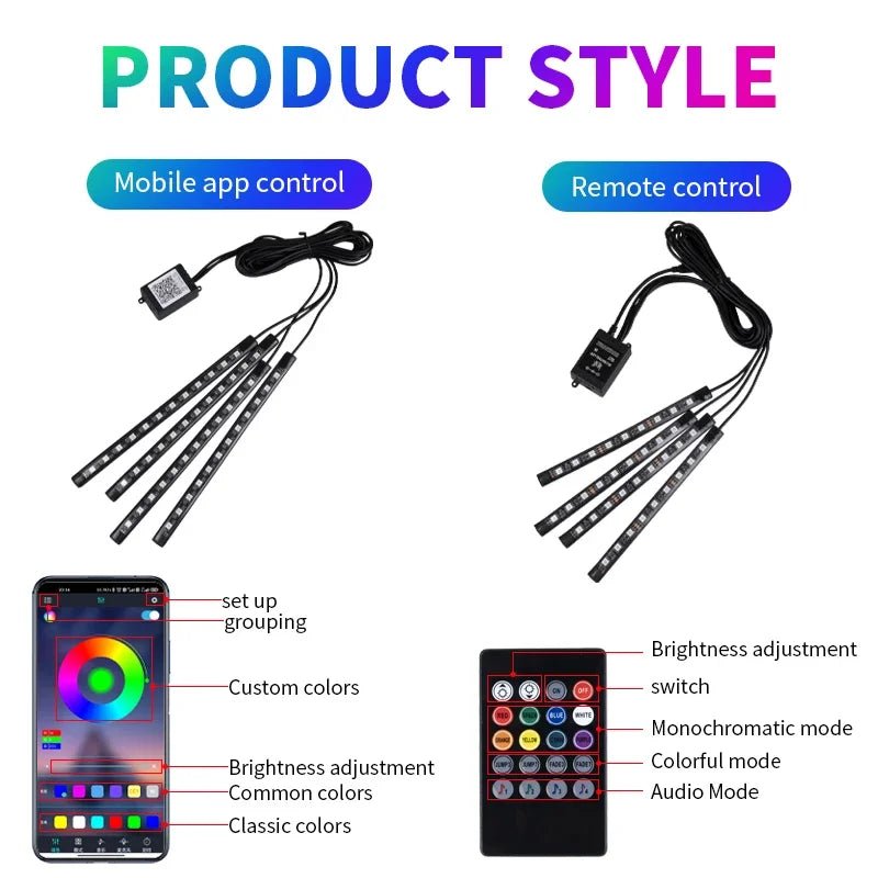 Neon LED Car Interior Ambient Foot Strip Light Kit Accessories RGB Backlight Remote - Maxwell shop