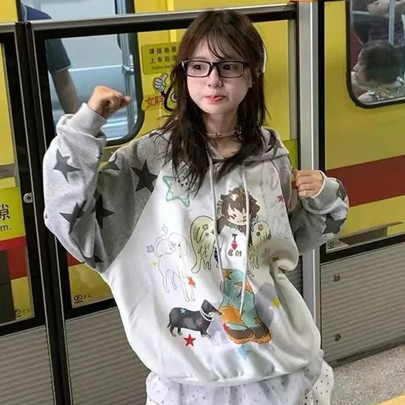 Women Japan Anime Subculture Hoodie Long Sleeve Cartoon Print Sweatshirt - Maxwell shop