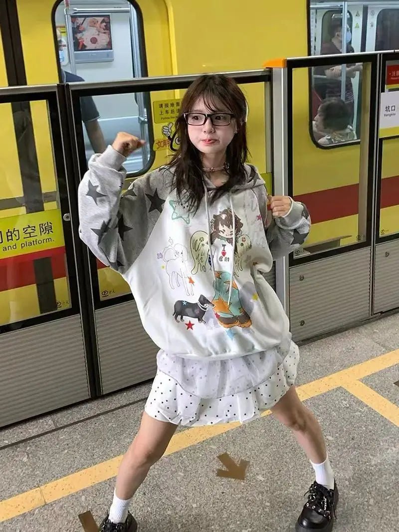 Women Japan Anime Subculture Hoodie Long Sleeve Cartoon Print Sweatshirt - Maxwell shop